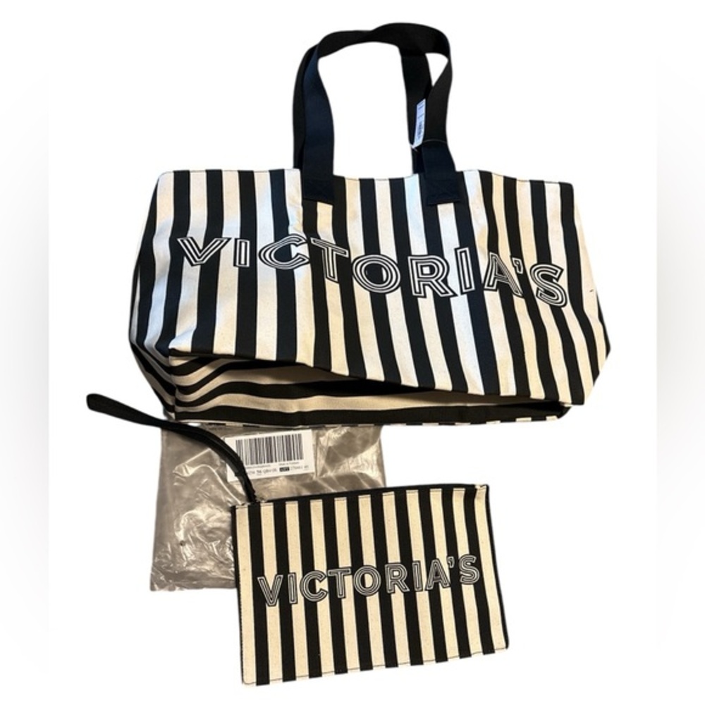Victoria’s Secret black and white stripe weekender travel tote bag & wristlet